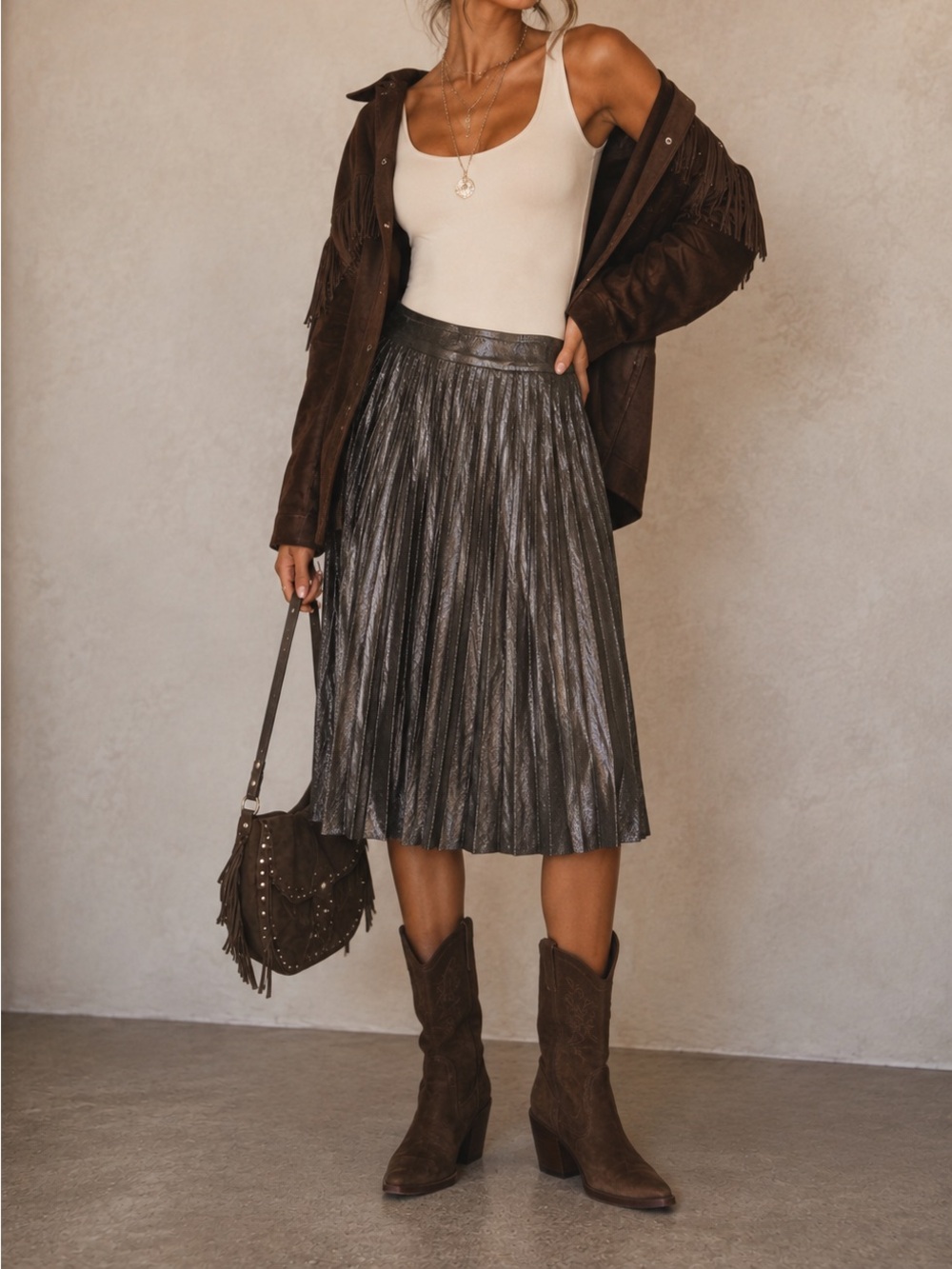 Blue Rain Metallic Pleated Midi Skirt in Shimmering Gray